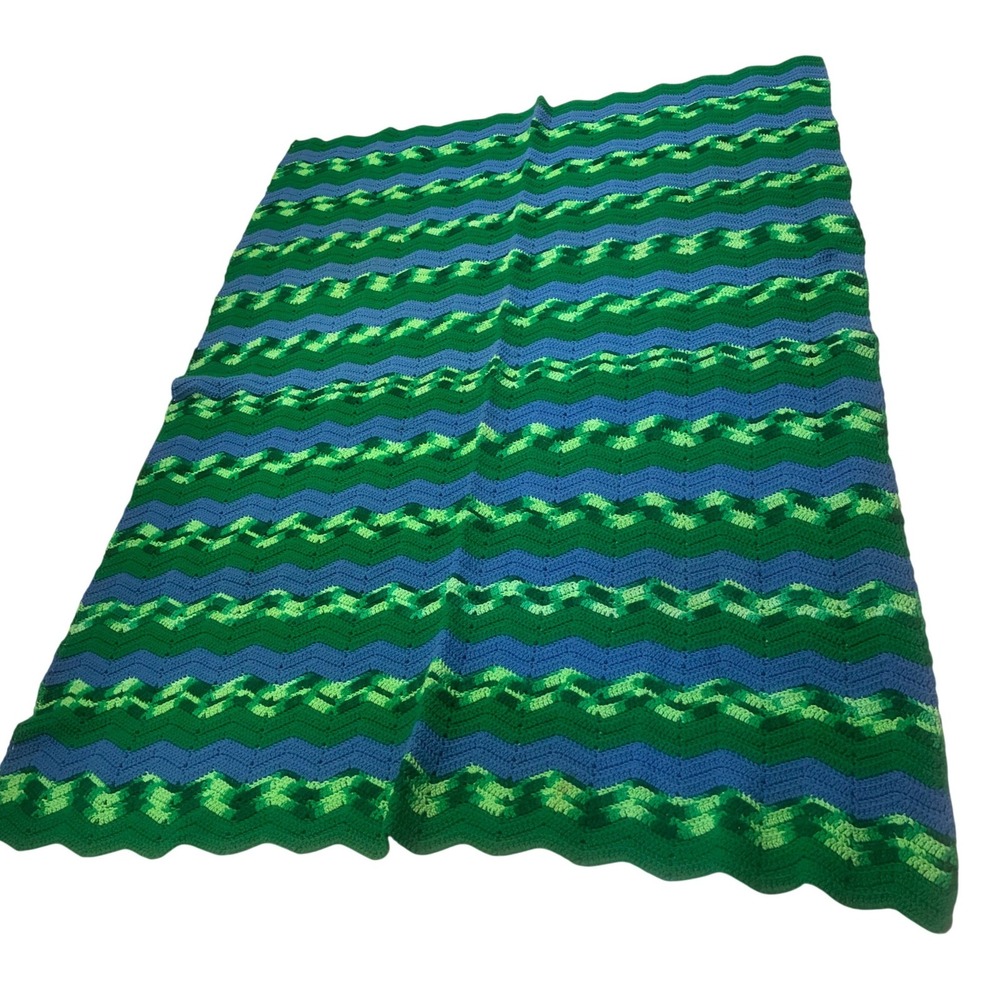 Handmade Crochet Throw 77in x100in Green Blue Chevron Ripple Afghan Blanket